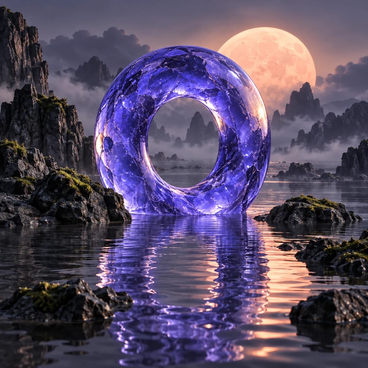 Example AI artwork: a luminous glass ring in a misty, otherworldly landscape